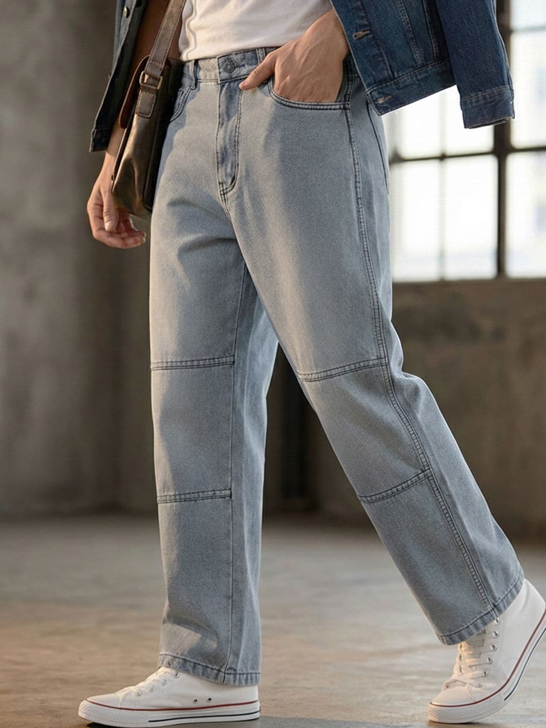 Urbano Fashion Men Grey Panelled Pure Cotton Loose Baggy Fit Stretchable Jeans - view 1
