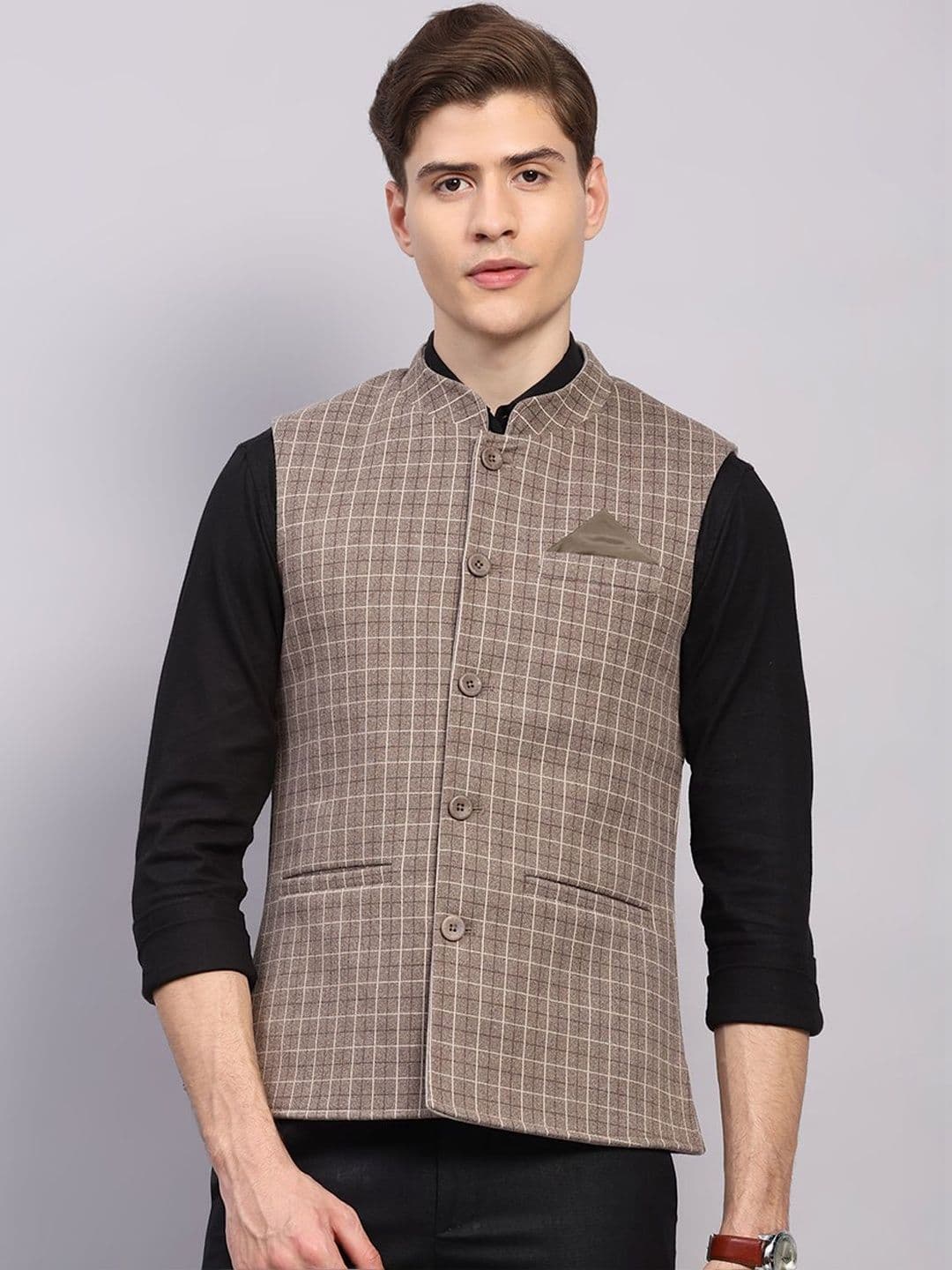 Monte Carlo Checked Woven Sleeveless Nehru Jackets - view 1