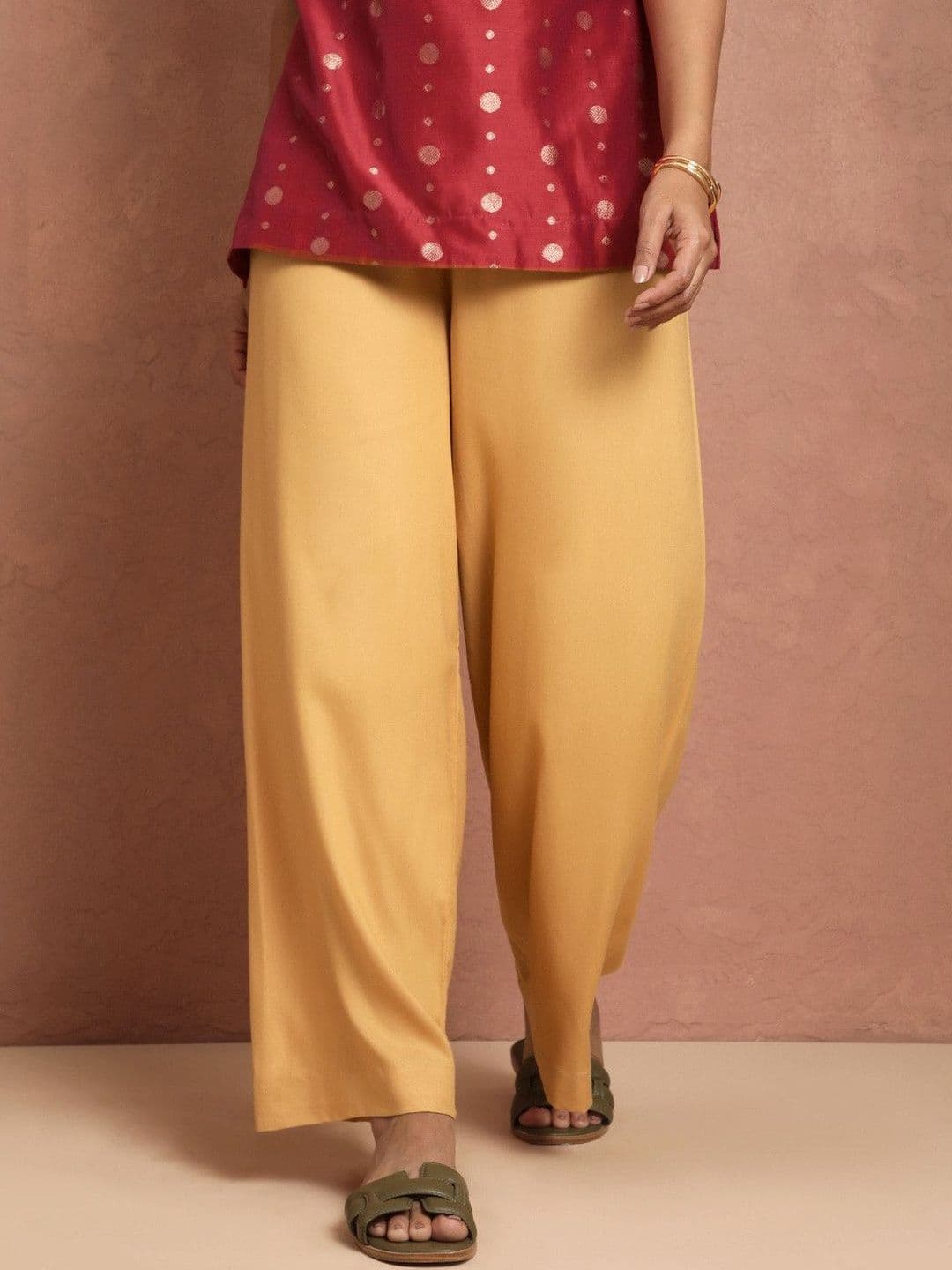TWIN BIRDS Women Mustard Yellow Solid Soft Viscose Wide Leg Palazzos - view 1