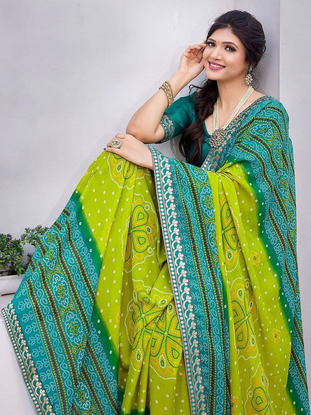 JANOI Bandhani Poly Georgette Designer Saree - view 1
