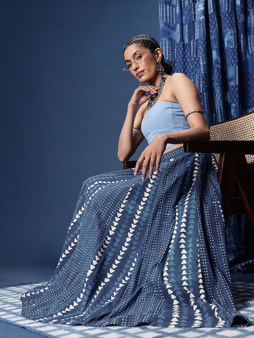 Taavi Indigo Printed Pure Cotton Maxi Flared Skirt - view 1