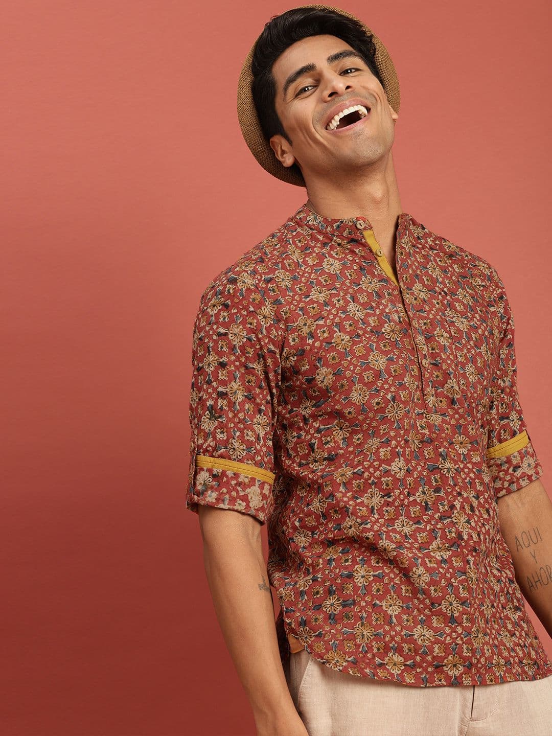 Taavi Men Red Kalamkari Block Printed Straight Kurta with Roll-Up Sleeves - view 1