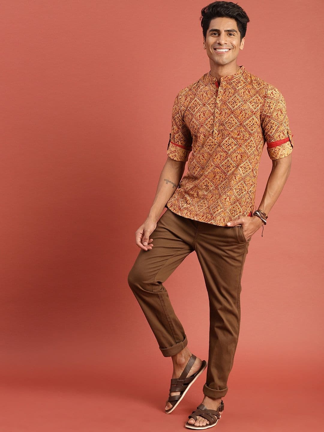 Taavi Men Mustard Yellow Kalamkari Block Printed Straight Sustainable Kurta with Roll-Up Sleeves - view 1