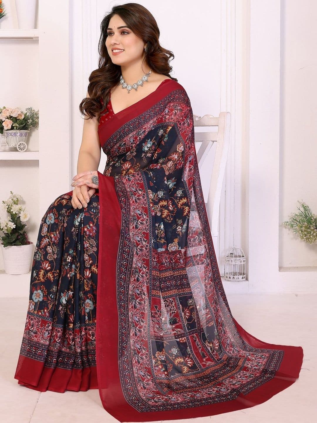 vj fashion Floral Pure Georgette Saree - view 1