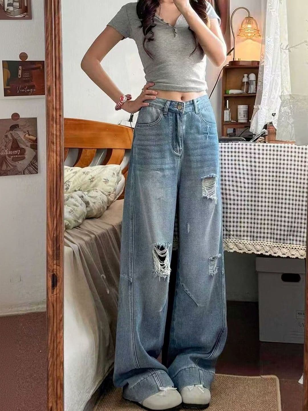 StyleCast Women Wide Leg High-Rise Low Distress Light Fade Jeans - view 1