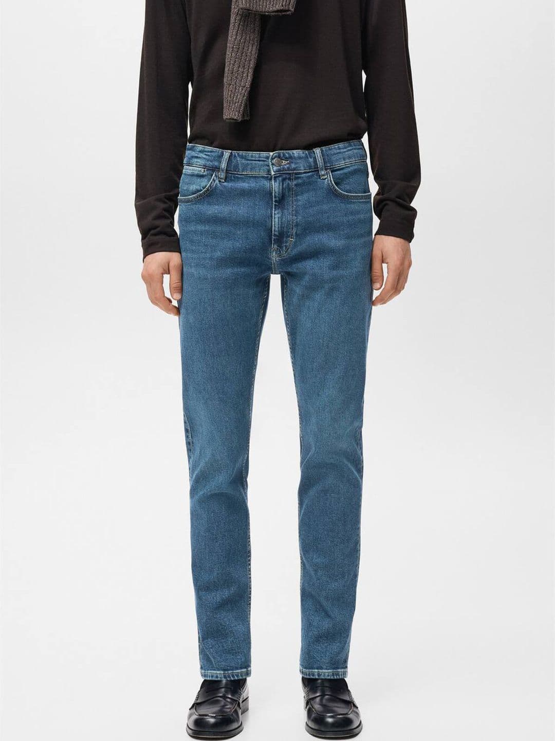 MANGO MAN Mid-Rise Whiskers & Chevrons Slim Fit Light Fade Stretchable Jeans - view 1
