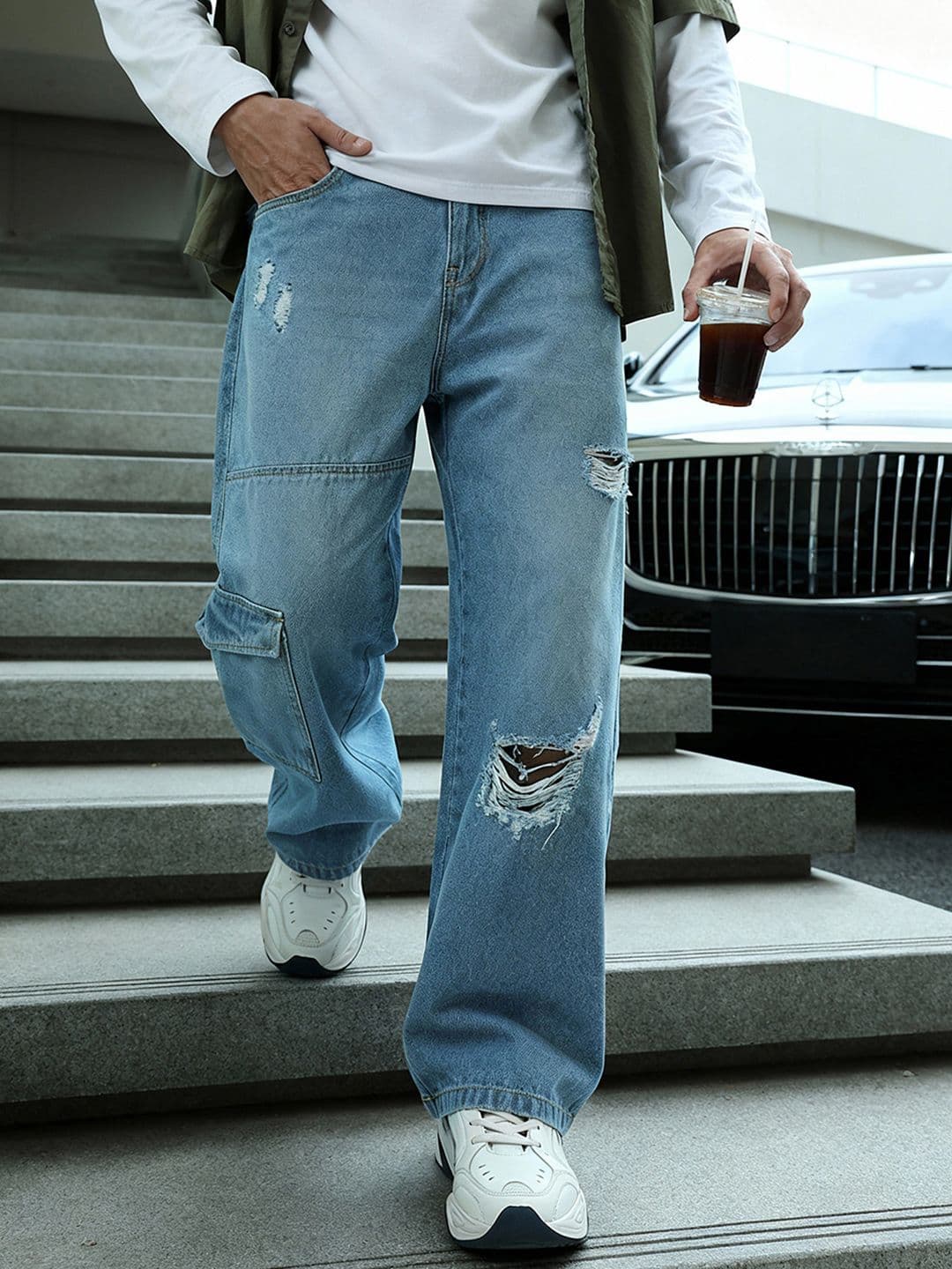Bewakoof Men's Light Blue Distressed High-Rise Baggy Fit Jeans - view 1