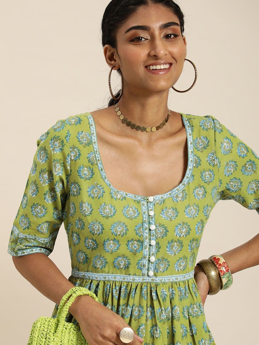 Taavi Women Green & Blue Handblock Floral Printed Anarkali Kurta - view 1