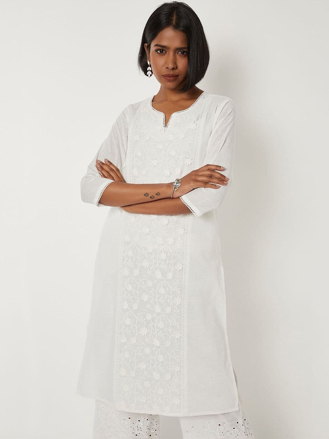 max Women Ethnic Motifs Embroidered Chikankari White Romance Kurta - view 1