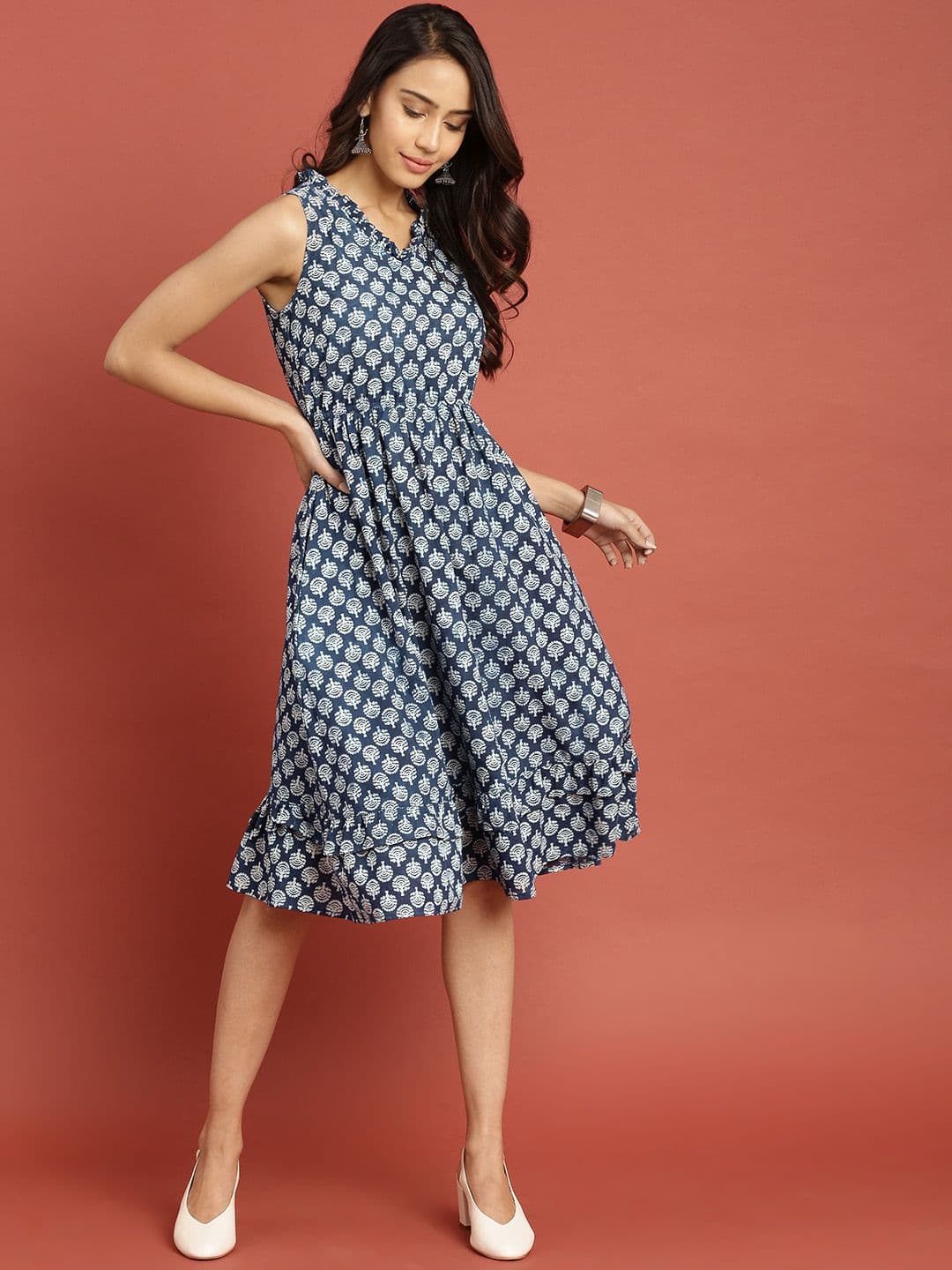 Taavi X fwd Blue Indigo Hand Block Print A-Line Pure Cotton Dress with Layered Hem - view 1
