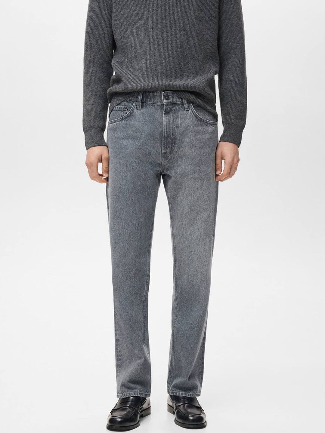 MANGO MAN Mid-Rise Whiskers & Chevrons Pure Cotton Straight Fit Jeans - view 1