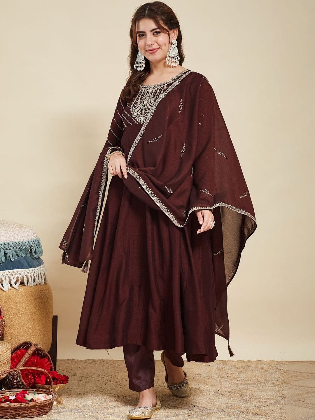 MOKOSH Ethnic Motifs Embroidered Thread Work Pure Silk Kurta with Trousers & With Dupatta - view 1