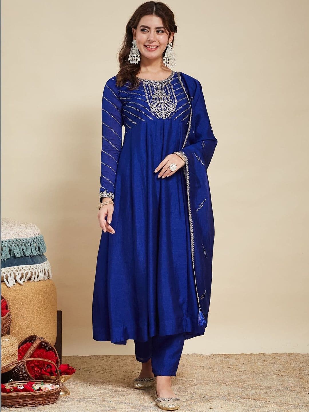 MOKOSH Women Ethnic Motifs Embroidered Regular Thread Work Pure Silk Kurta with Trousers & With Dupatta - view 1