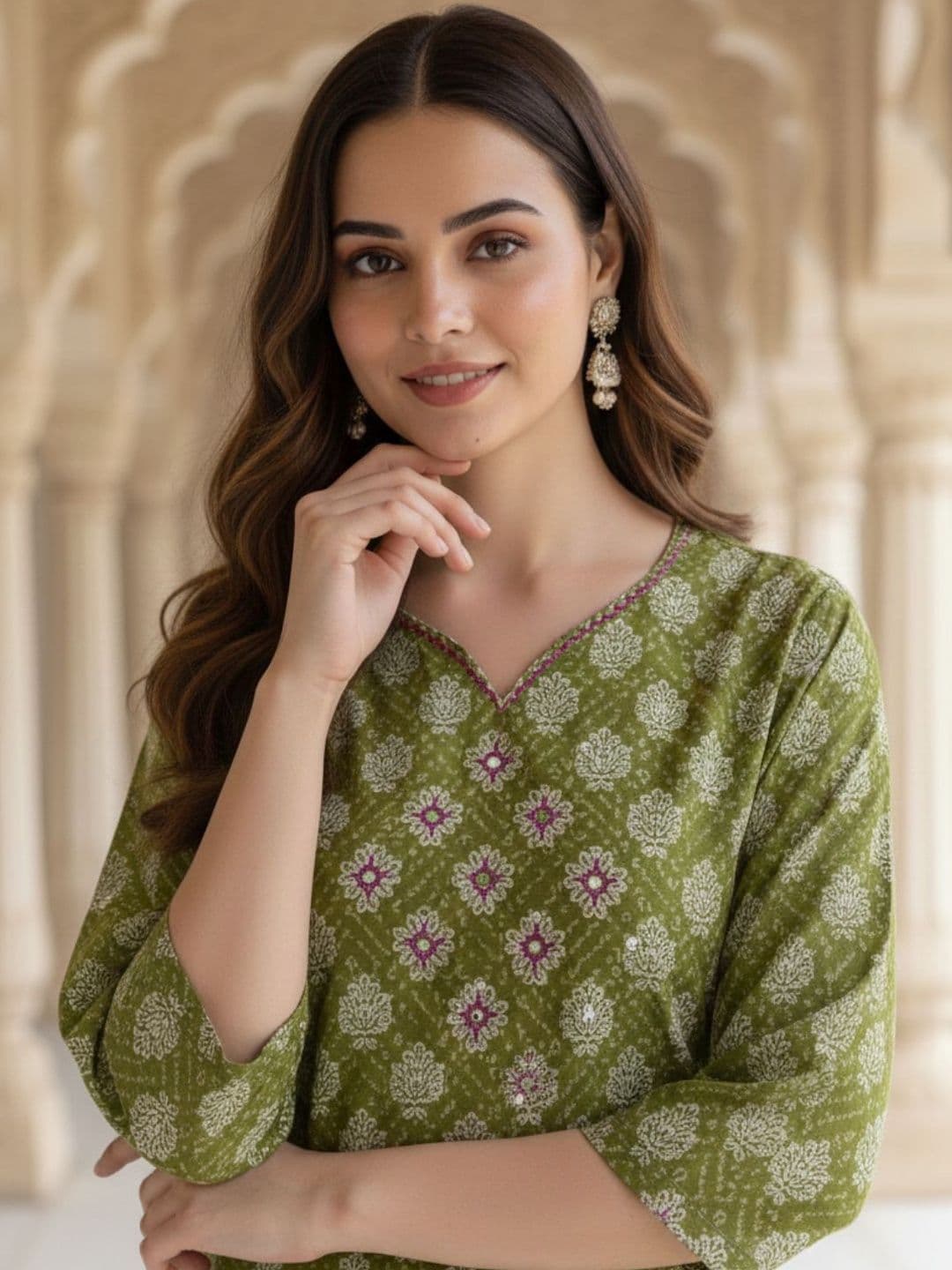 OZIA Ethnic Motifs Printed V-Neck Pure Cotton Kurti - view 1