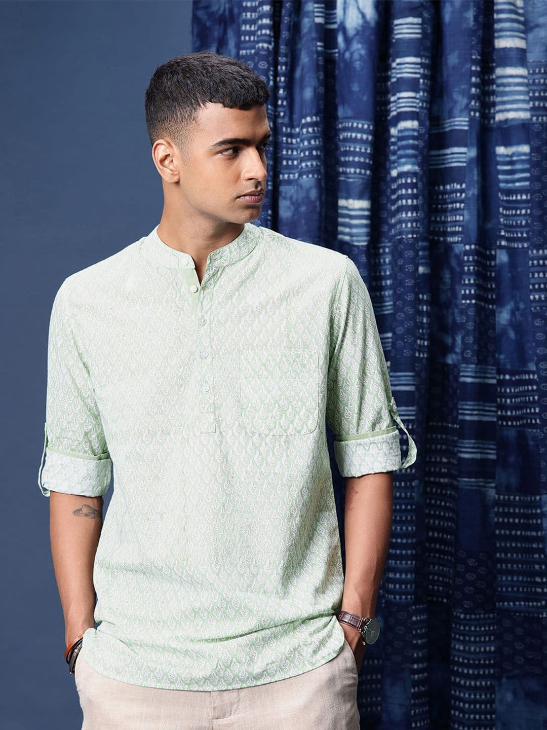 Taavi Floral Block Printed Band Collar Pure Cotton Straight Short Kurta - view 1