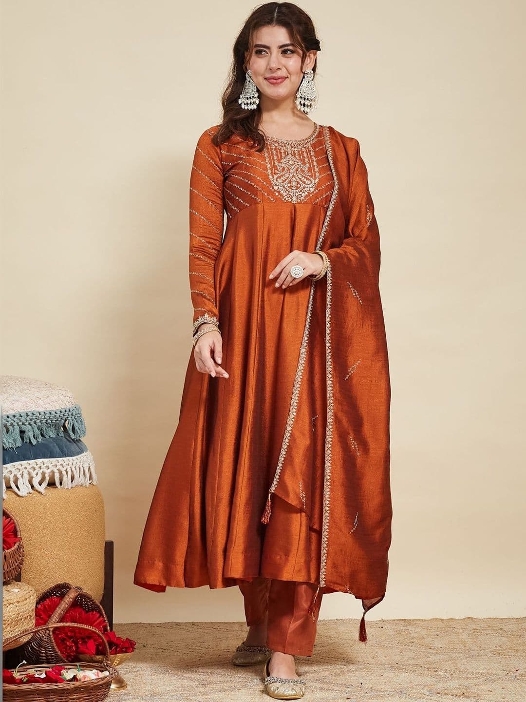 MOKOSH Women Ethnic Motifs Embroidered Thread Work Pure Silk Kurta with Trousers & Dupatta - view 1