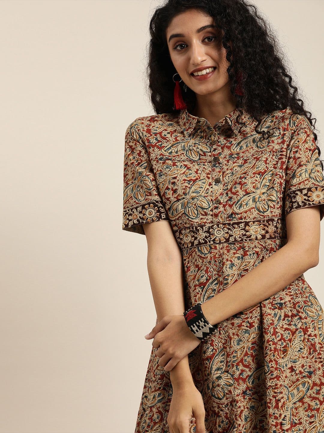 Taavi Women Beige & Red Kalamlari Hand Block Print Fit & Flare Dress with Pockets - view 1