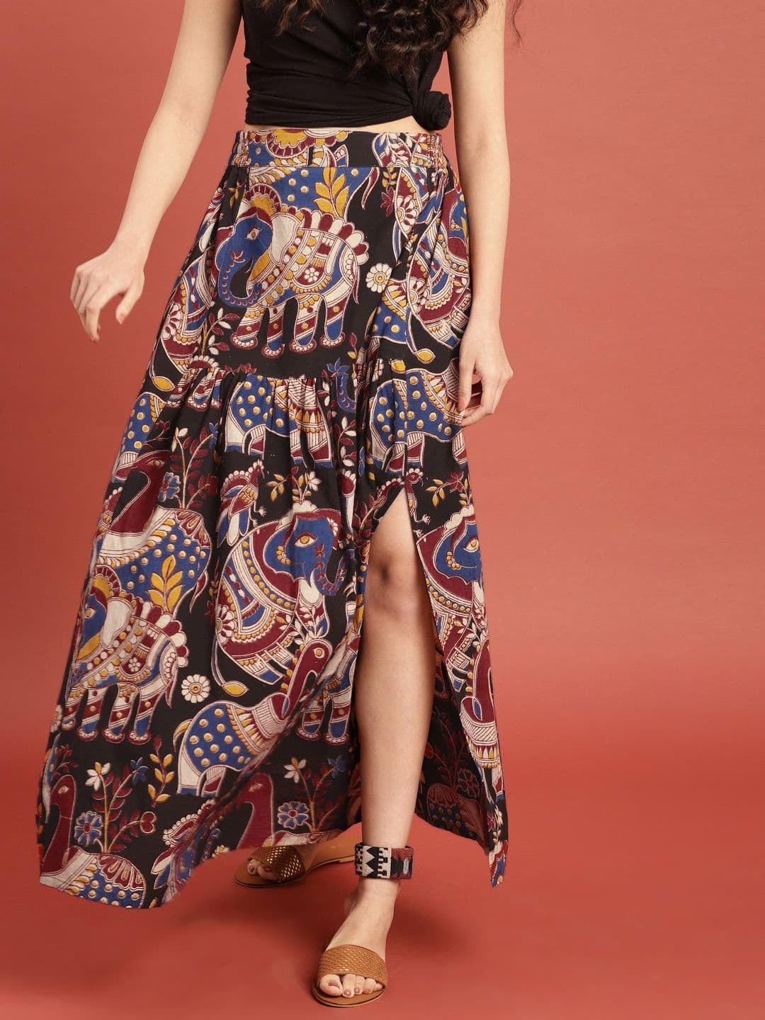 Taavi Black & Maroon Kalamkari Hand Block Print Ethnic Maxi Cotton Skirt with Gathers - view 1