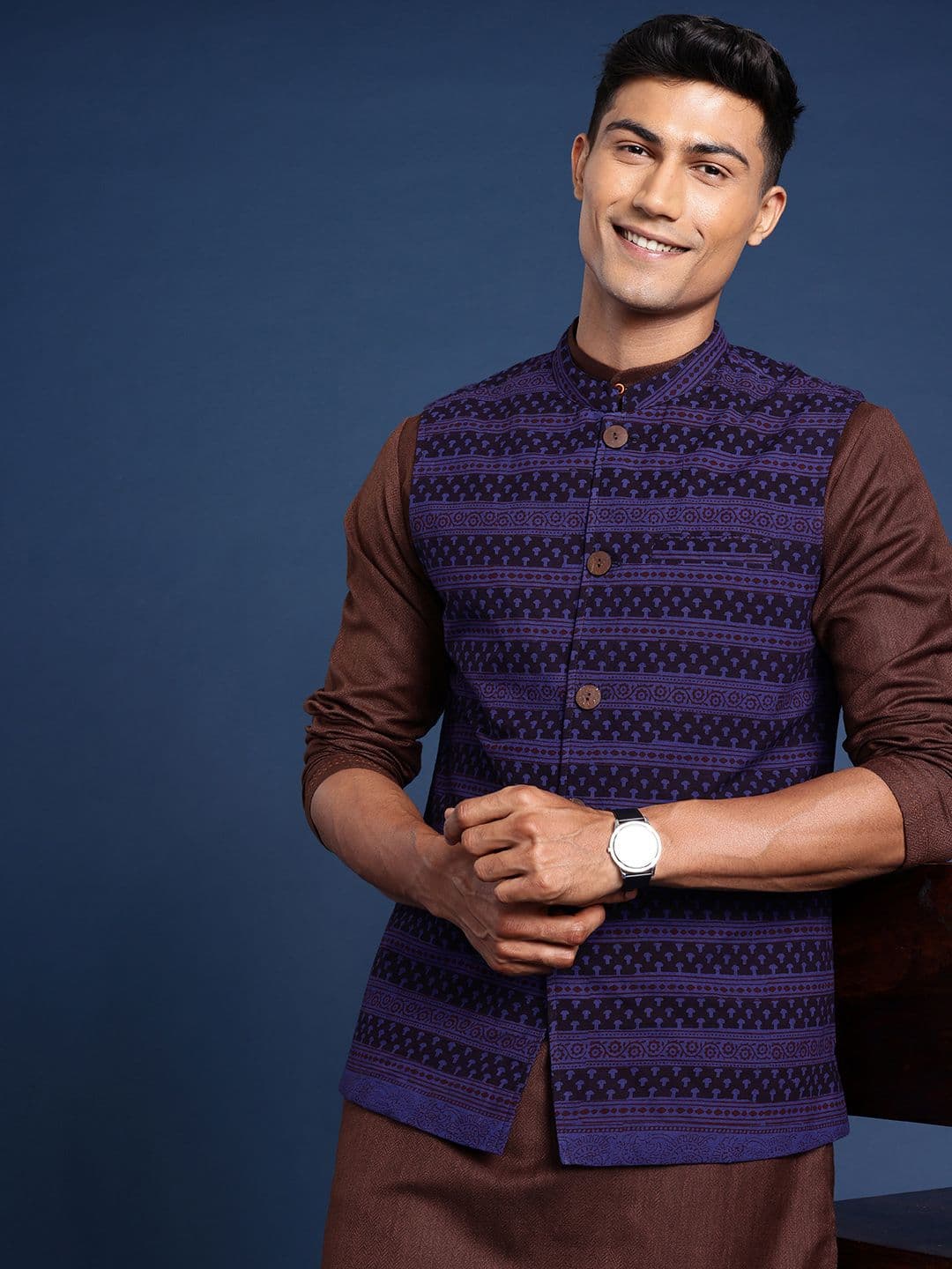Taavi Mandarin Collar Ethnic Printed Bagh Nehru Jacket - view 1