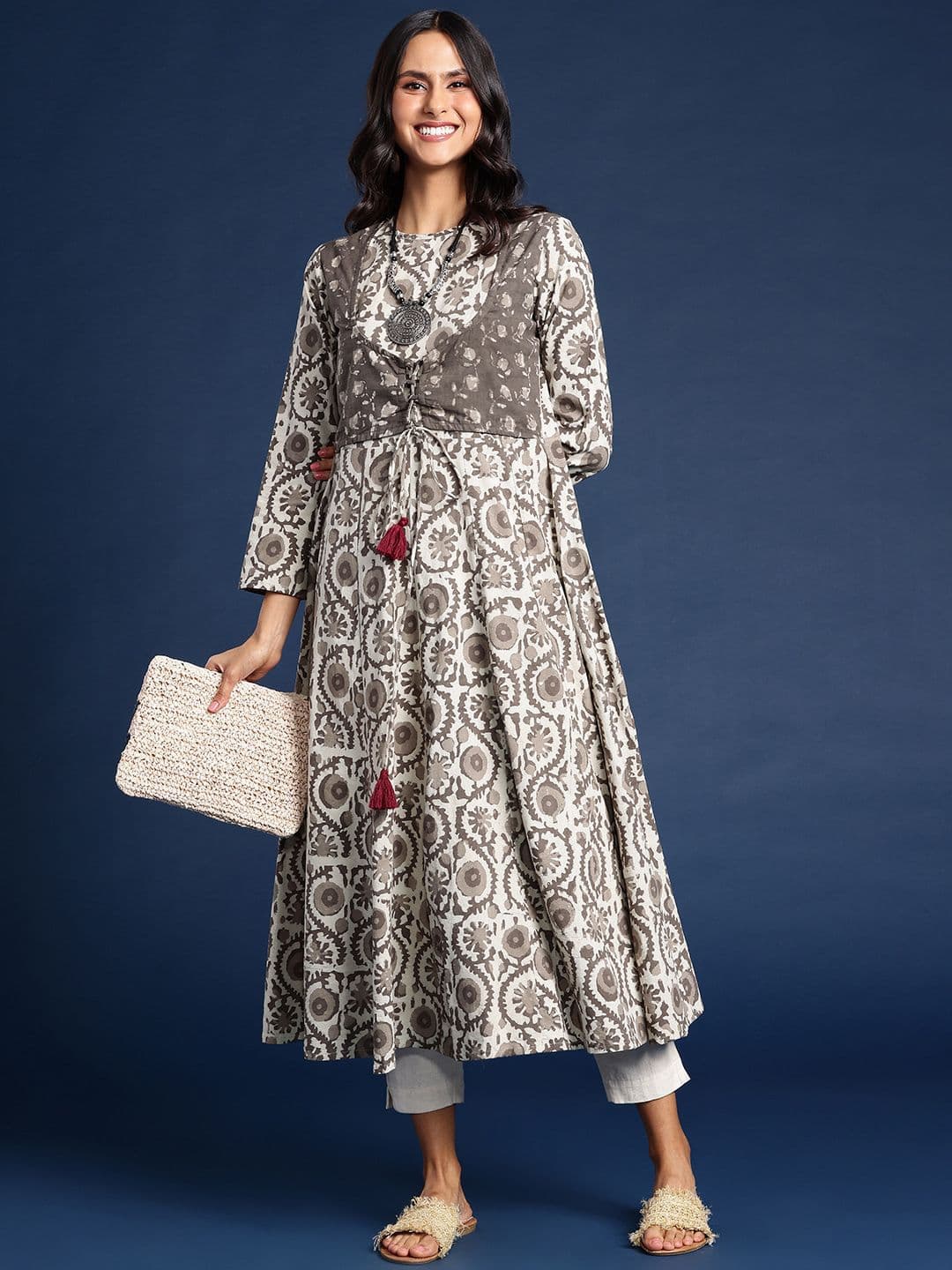 Taavi Floral Printed Round Neck Cotton Anarkali Kurta With Tie-Up Detail - view 1