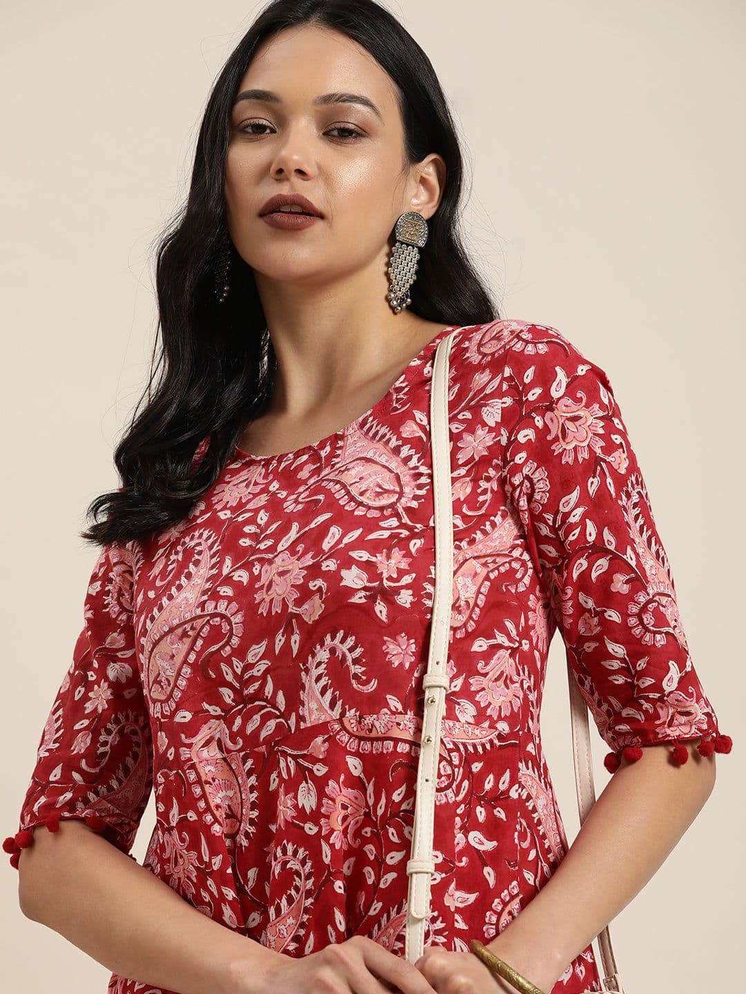Taavi Women Red & White Sanganeri Block Print Fit & Flare Dress with Pocket Detailing - view 1