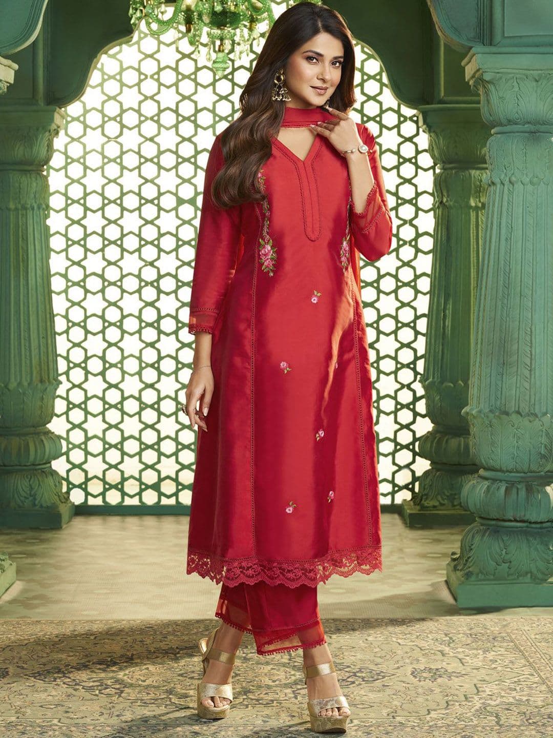 Bhama Couture Jennifer Winget Floral Cotton Silk A-Line Kurta With Trousers & Dupatta - view 1
