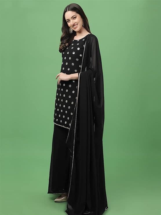 PARROT CREATION Geometric Embroidered Georgette Straight Kurti With Palazzo & Dupatta - view 1