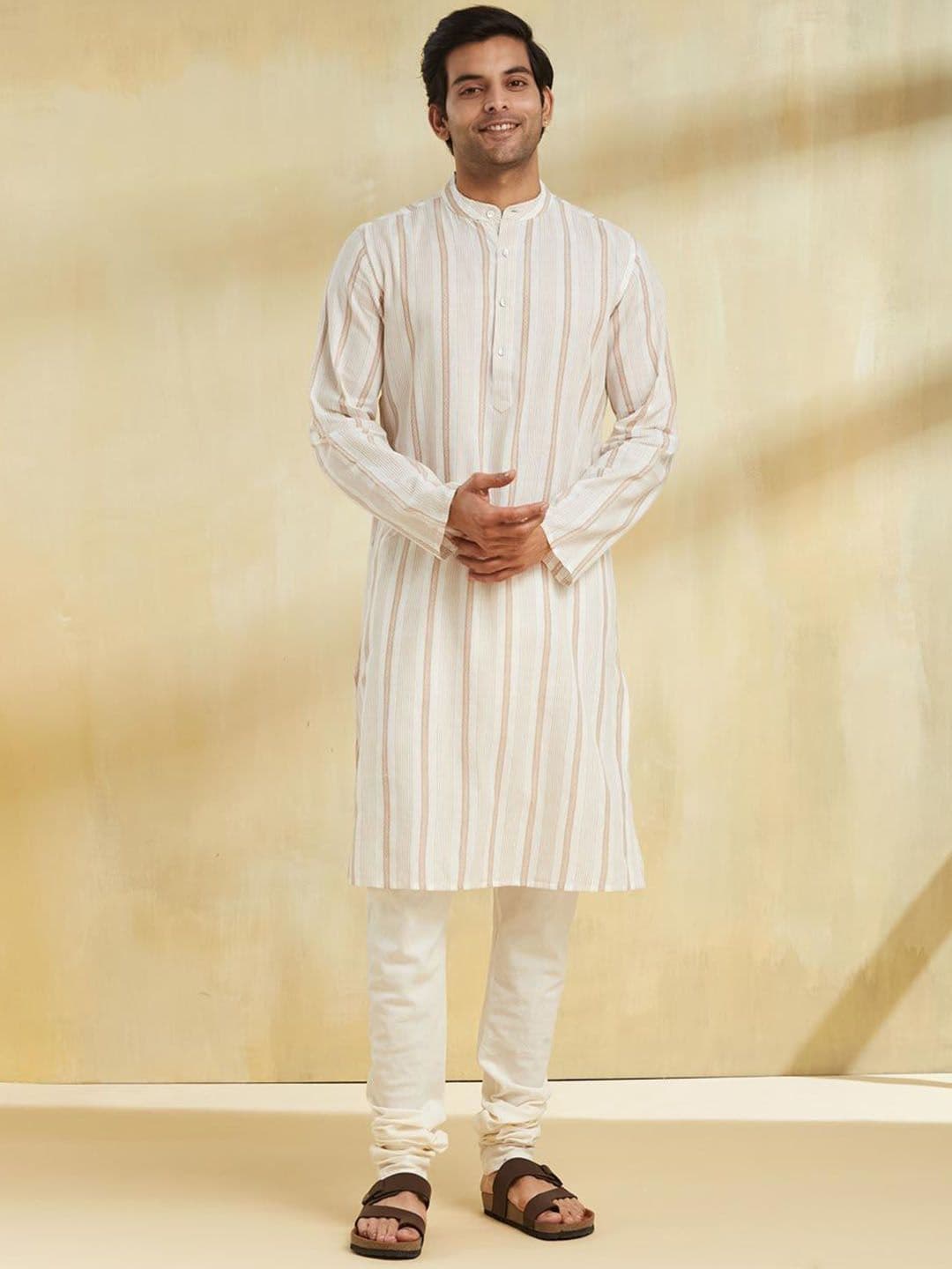 Fabindia Striped Woven Design Band Collar Cotton Slim Fit Straight Kurta - view 1
