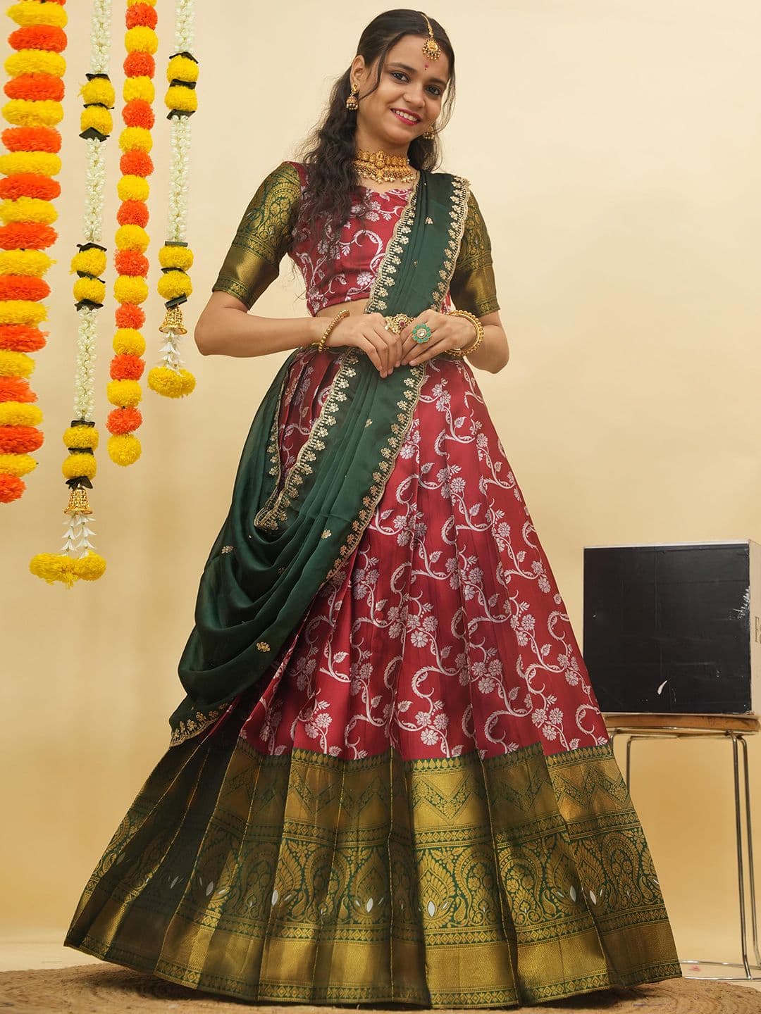 Fabcartz Floral Woven Design Zari Semi-Stitched Lehenga & Unstitched Blouse With Dupatta - view 1