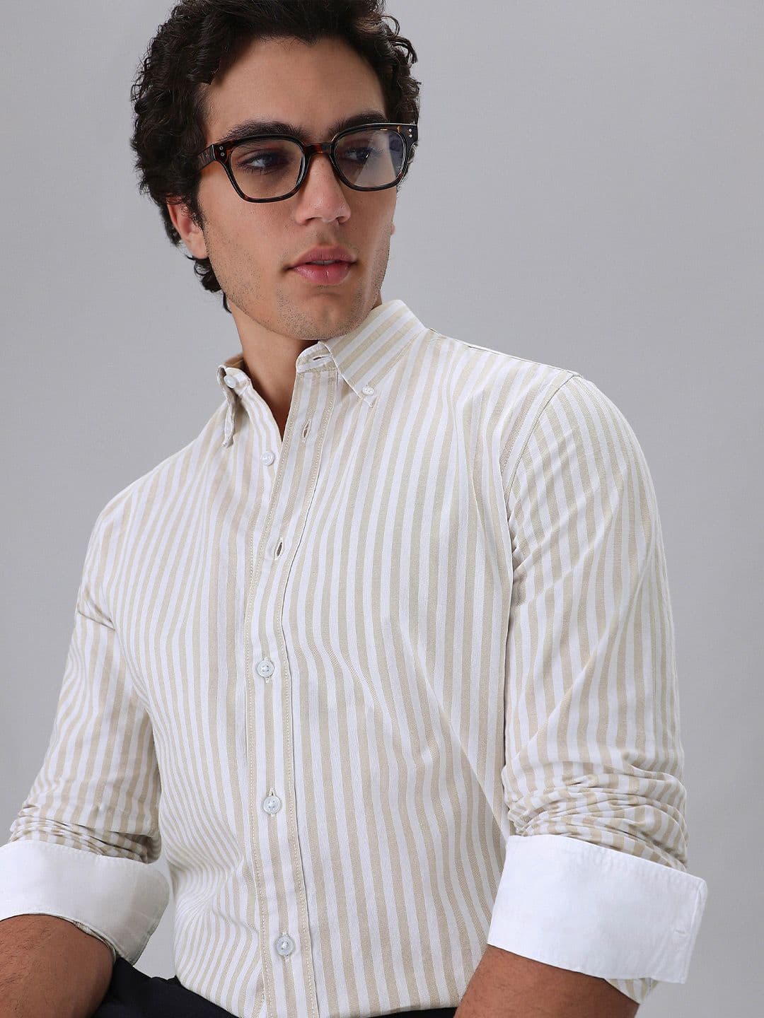 Banana Club Men Beige Cotton Oxford Stripe Shirt