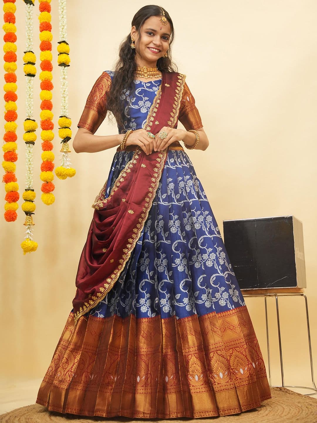 Fabcartz Floral Woven Design Zari Semi-Stitched Lehenga & Unstitched Blouse With Dupatta - view 1