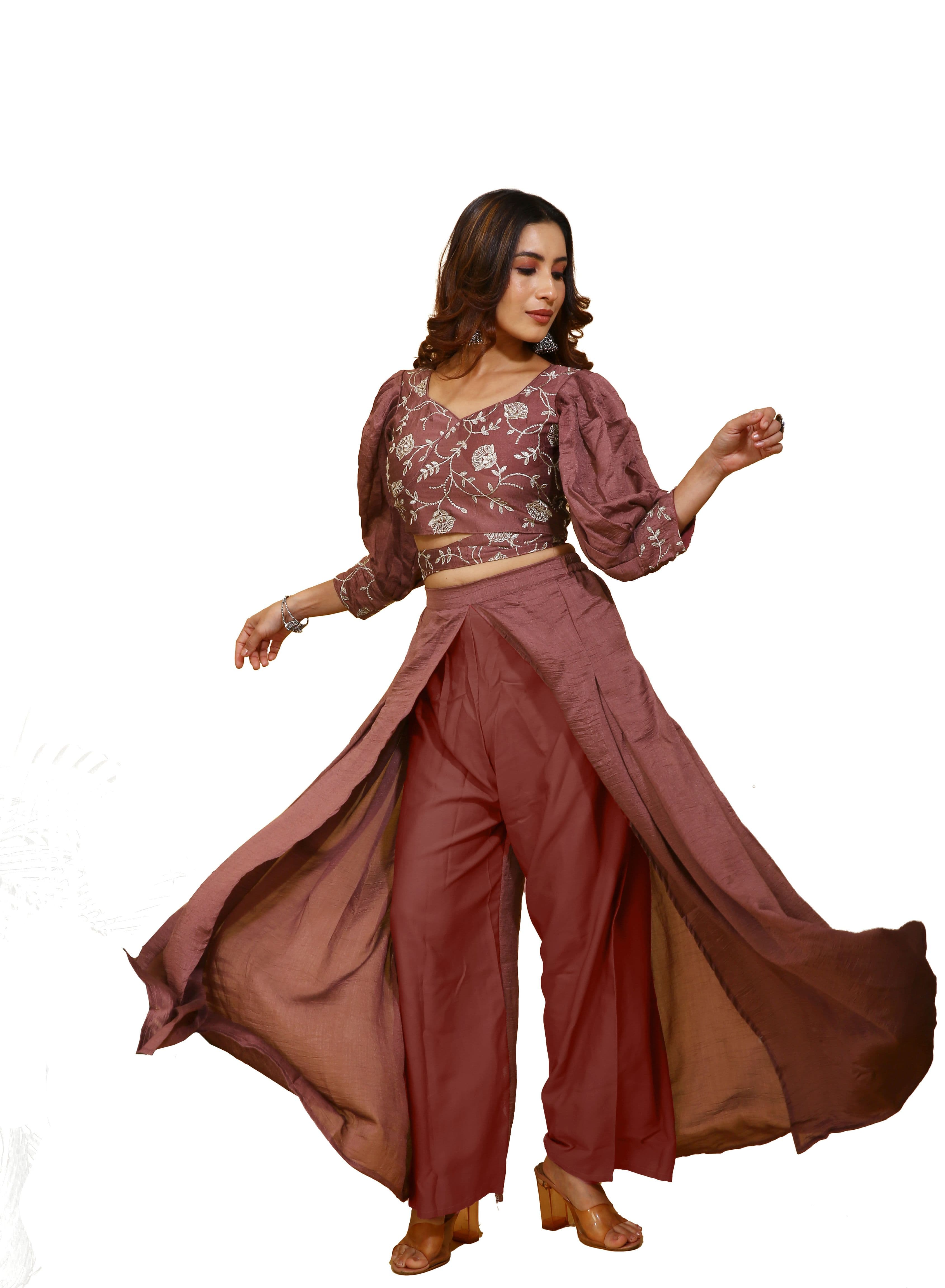 SANCIA Embroidered Puff Sleeves Crop Top With Palazzo - view 1