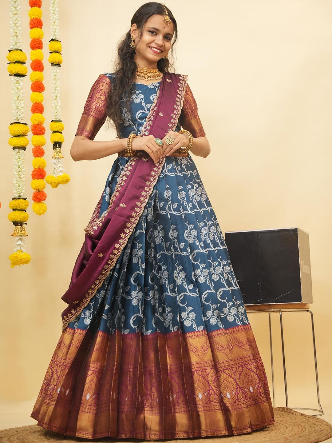 Fabcartz Floral Woven Design Zari Semi-Stitched Lehenga & Unstitched Blouse With Dupatta - view 1