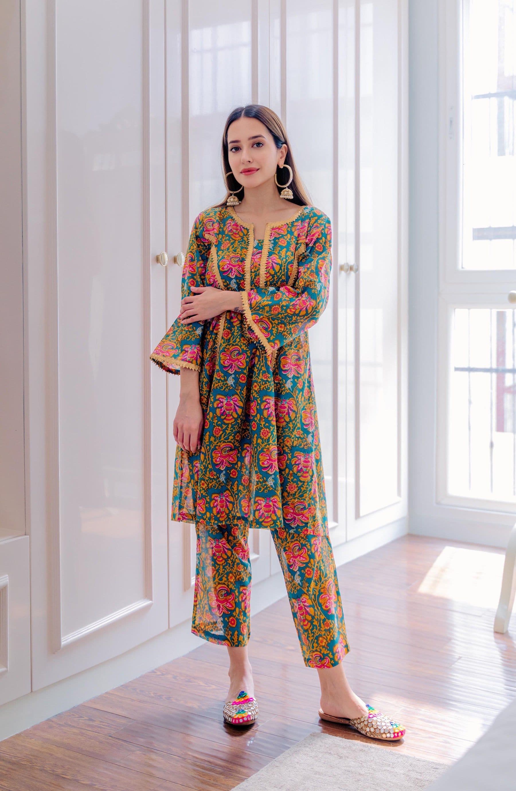 Lookmark Floral Printed Notch Neck A-Line Kurta With Trouser - view 1