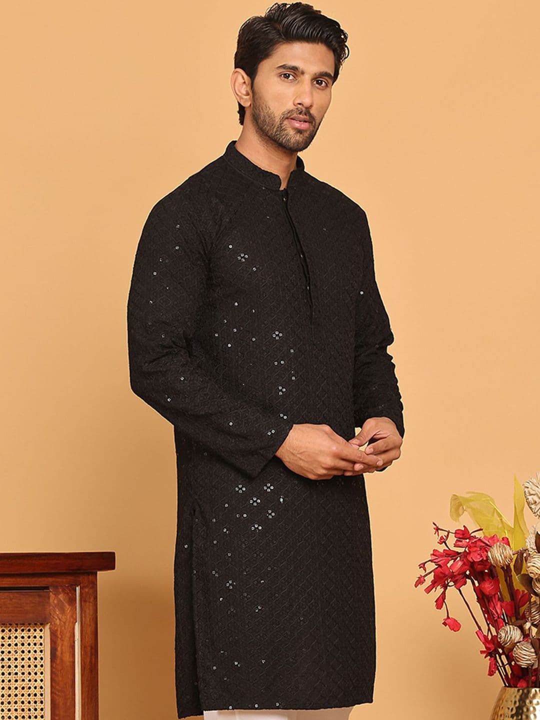 Jompers Floral Embroidered Mandarin Collar Sequinned Straight Kurta - view 1