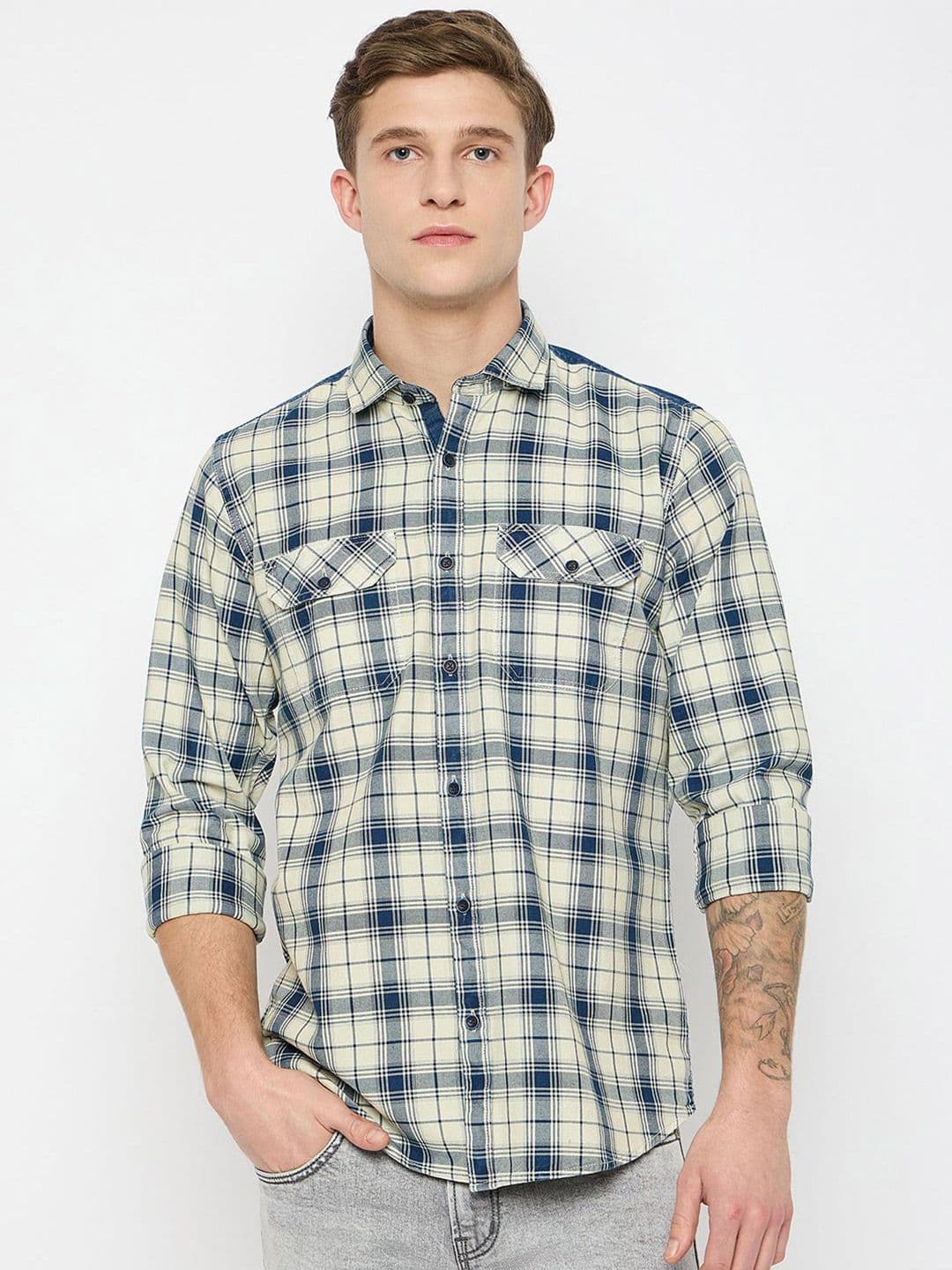 Duke Men Spread Collar Tartan Checked Cotton Casual Shirt - view 1