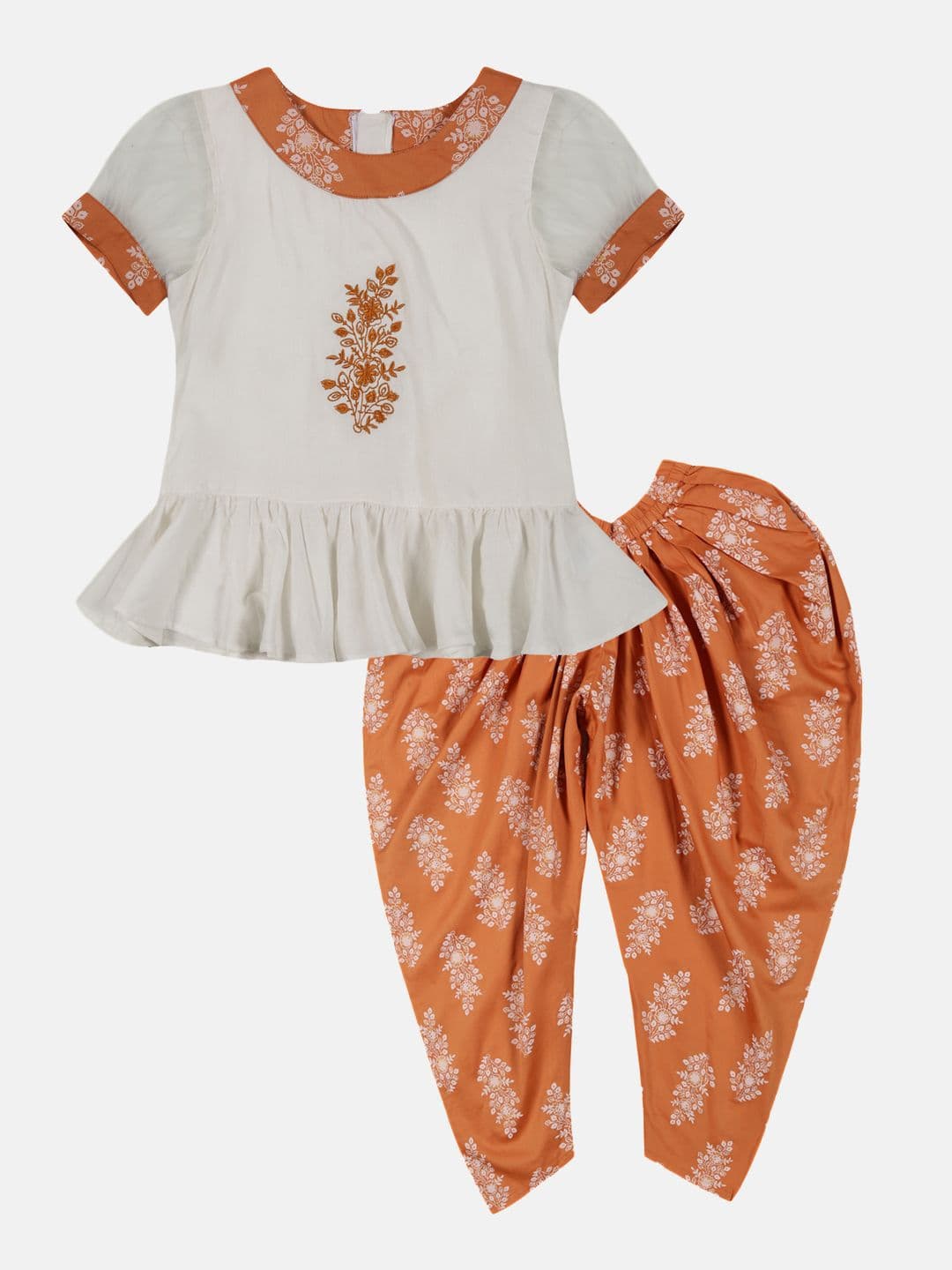 YOUNG BIRDS Girls Embroidered Round Neck Pure Cotton Top With Dhoti Pant - view 1