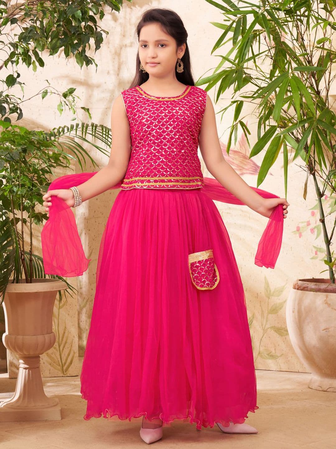 Aarika Girls Embellished Sequinned Net Ready to Wear Lehenga & Blouse With Dupatta - view 1
