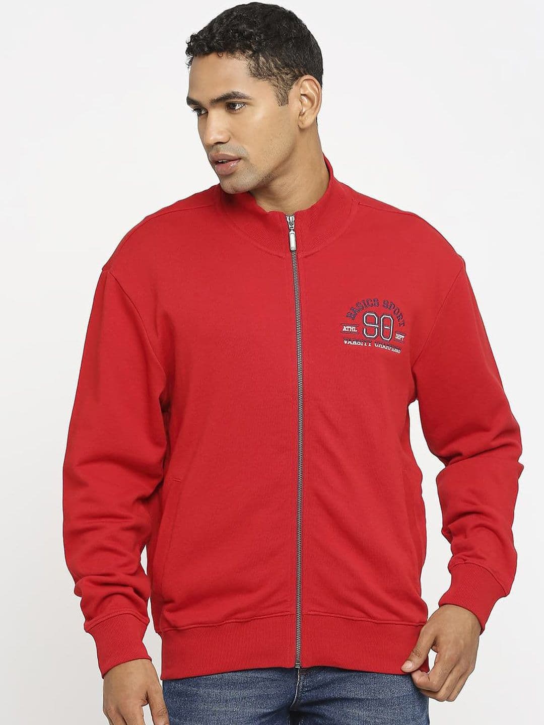 Basics Men Solid Embroidered Mock Collar Pure Cotton Bomber Jacket - view 1