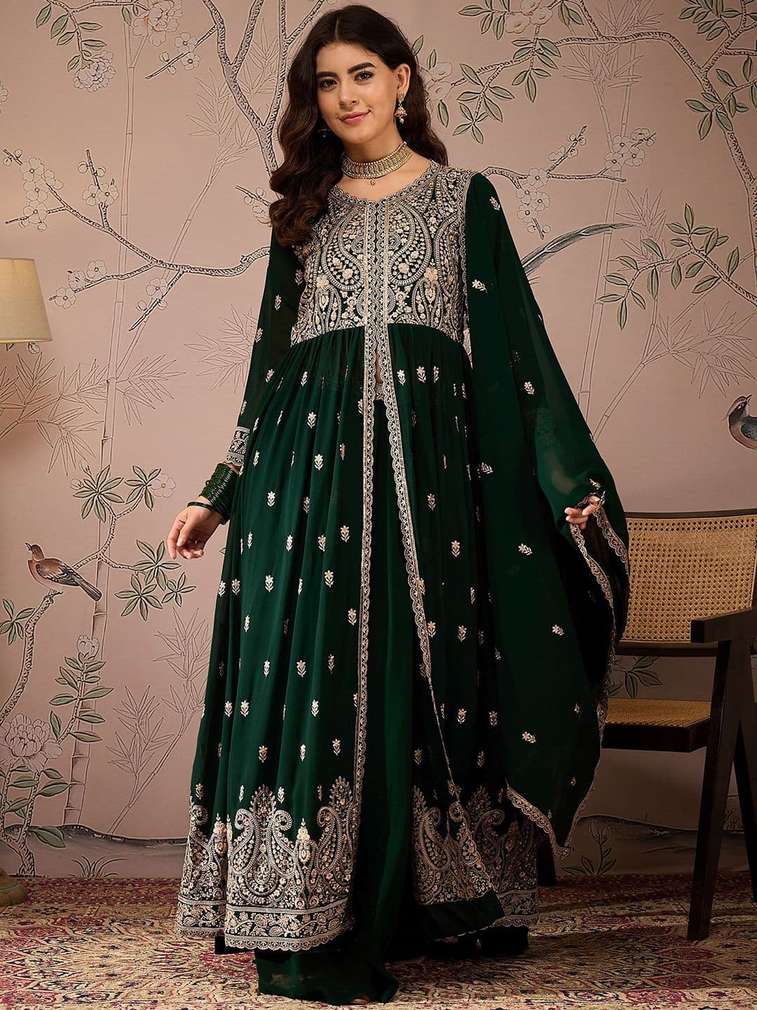 Miss Ethnik Paisley Embroidered V-Neck Georgette A-Line Kurta & Lehenga With Dupatta - view 1