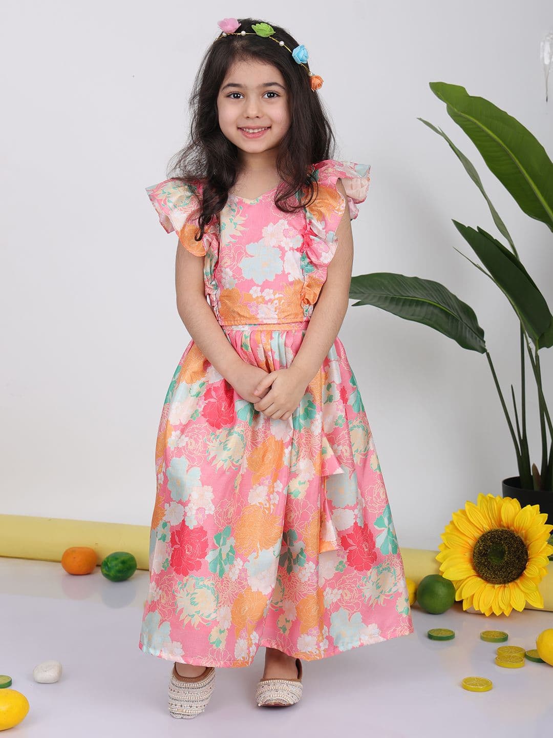 Here&Now X Kinder Kids Girls Floral Printed Cap Sleeves Ready to Wear Lehenga & Choli - view 1