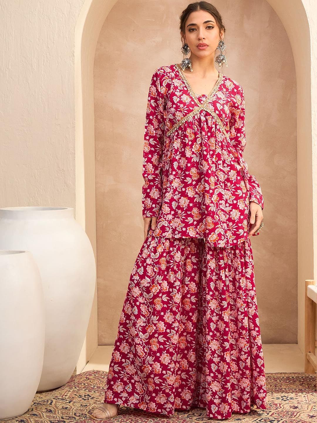 Shae by SASSAFRAS Floral Printed Thread Work Anarkali Kurta with Sharara - view 1