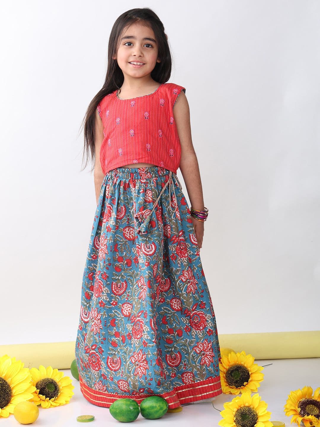 Here&Now X Kinder Kids Girls Floral Printed Cap Sleeves Ready to Wear Lehenga & Choli - view 1