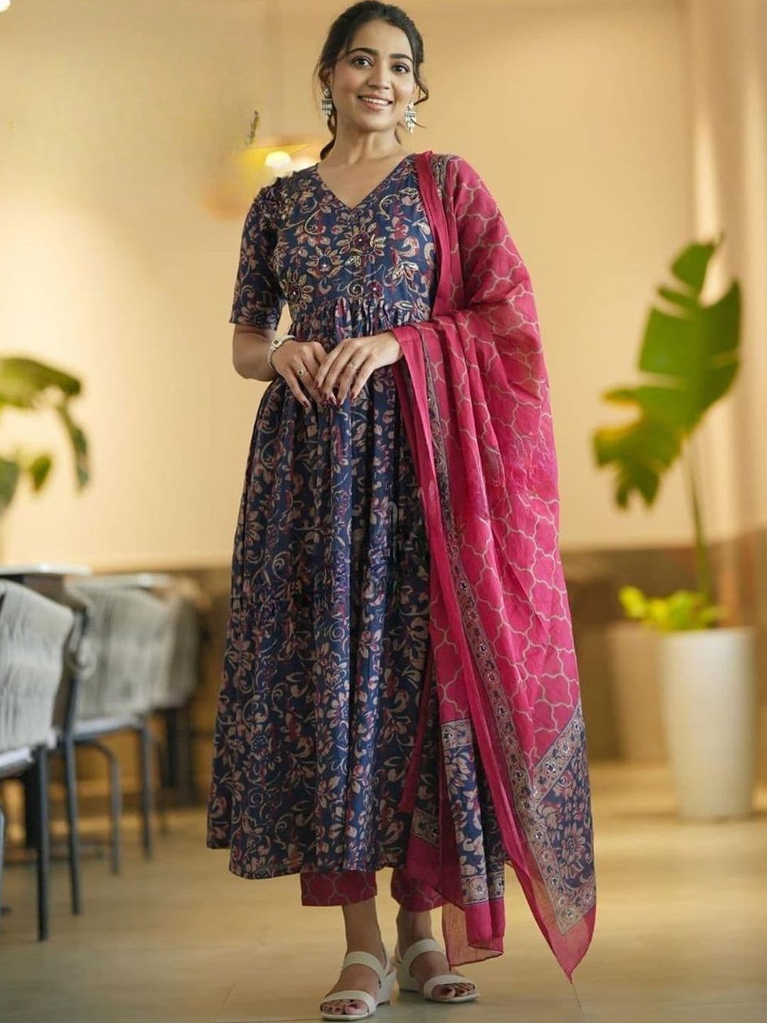 KALINI Floral Printed V-Neck Empire Anarkali Kurta With Trousers & Dupatta - view 1