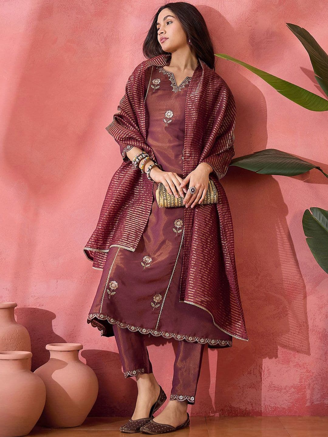 Sangria Floral Embroidered Panelled Notch Neck A-Line Kurta With Trouser And Dupatta - view 1