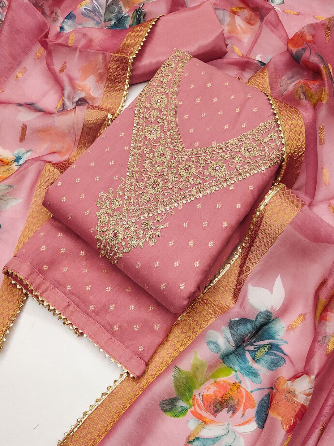 TAVAS Floral Embroidered Cotton Blend Unstitched Dress Material - view 1