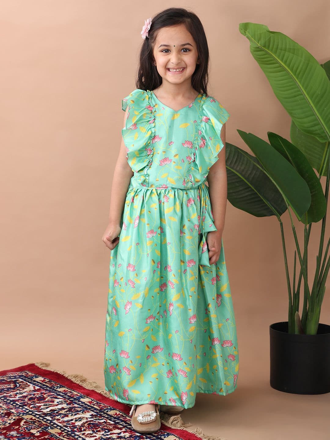 Here&Now X Kinder Kids Girls Floral Printed Cap Sleeves Ready to Wear Lehenga & Choli - view 1