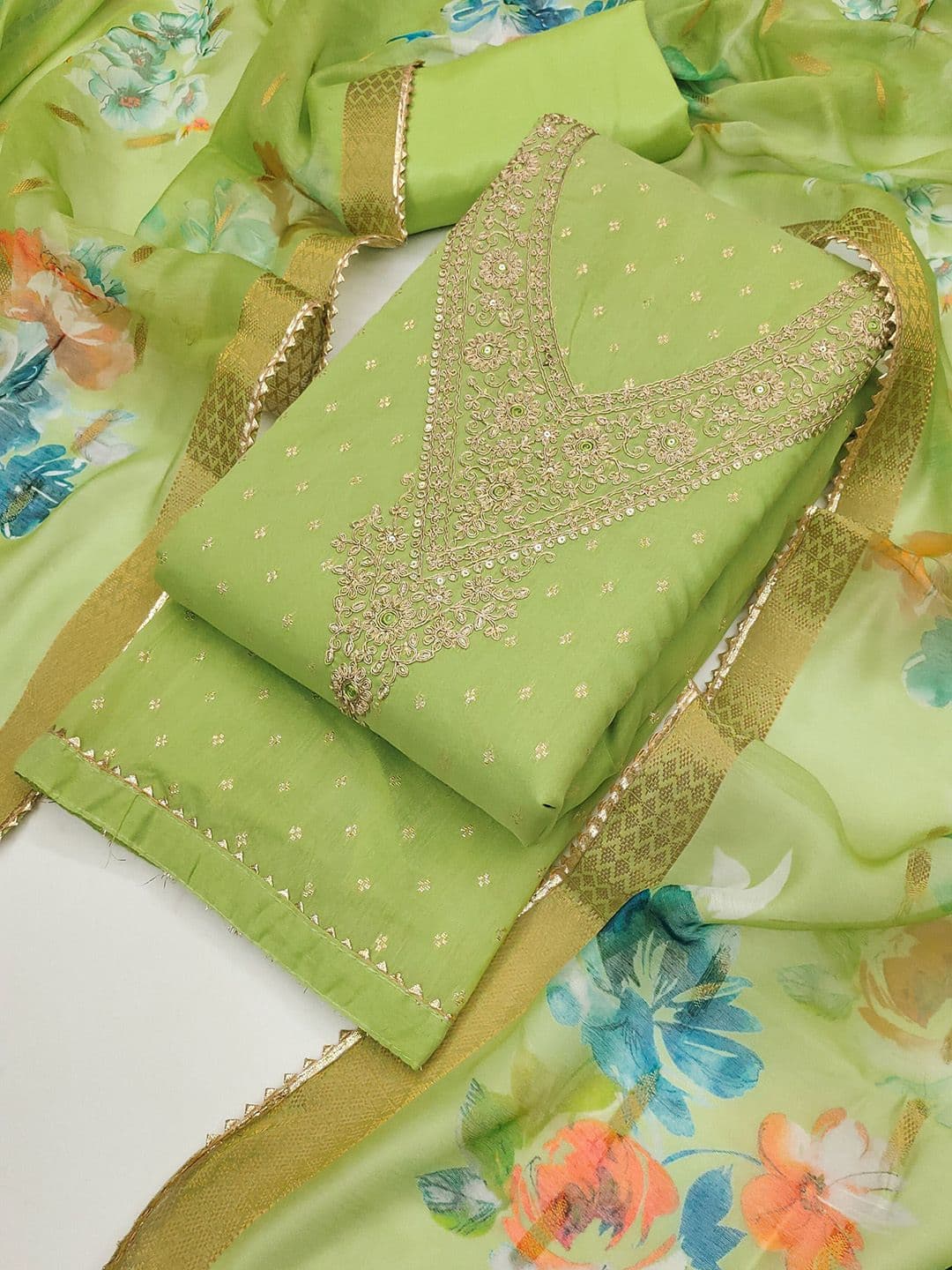 TAVAS Floral Embroidered Sequinned Chanderi Silk Unstitched Dress Material - view 1