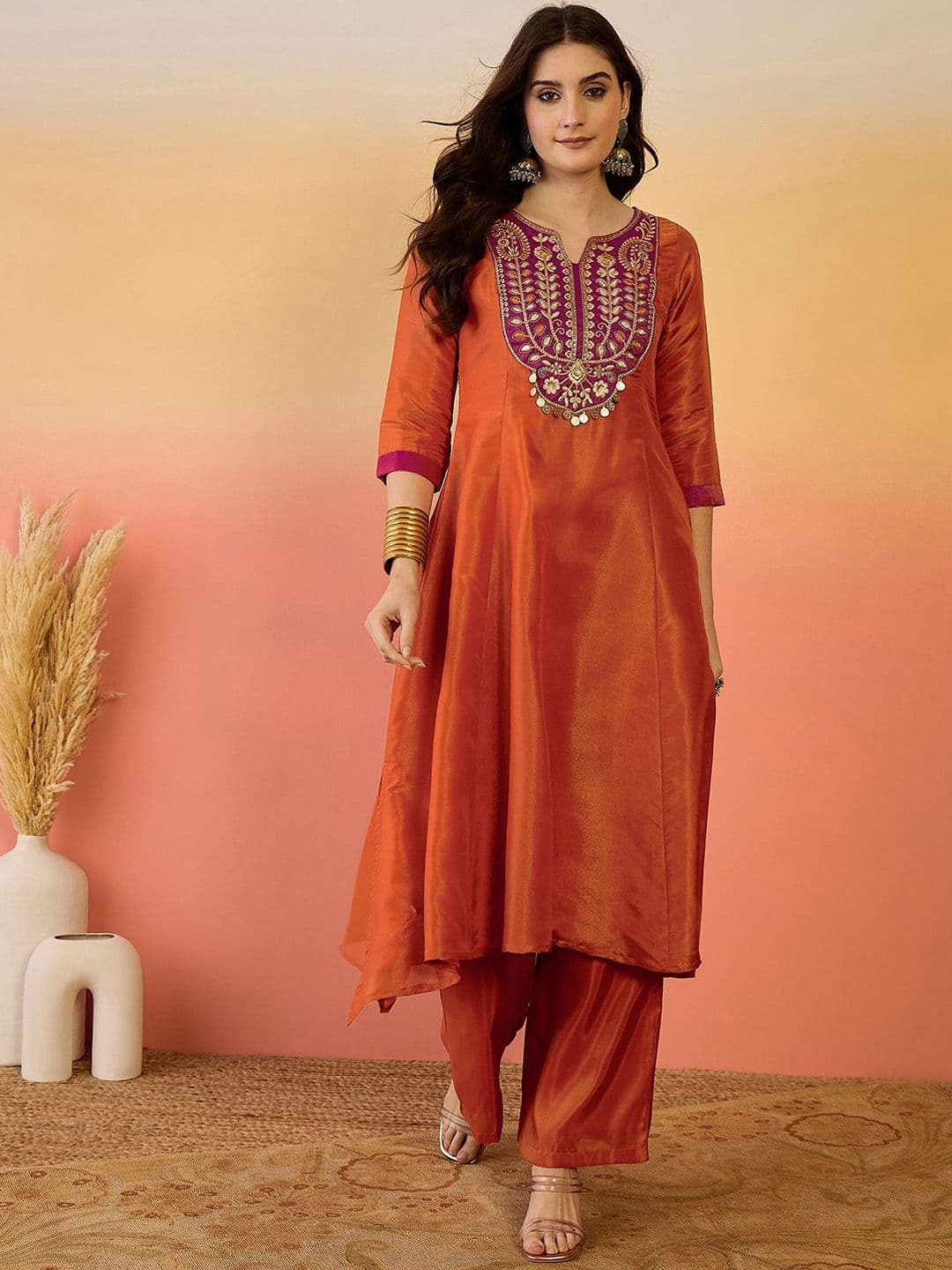 Sangria Zari Embroidered Notch Neck A-Line Kurta & Trousers - view 1