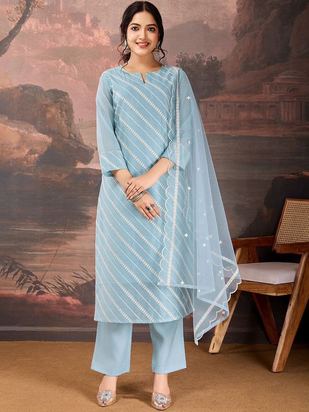 House of Pataudi Sequined Embroidered Round Neck Straight Kurta & Trousers With Dupatta - view 1